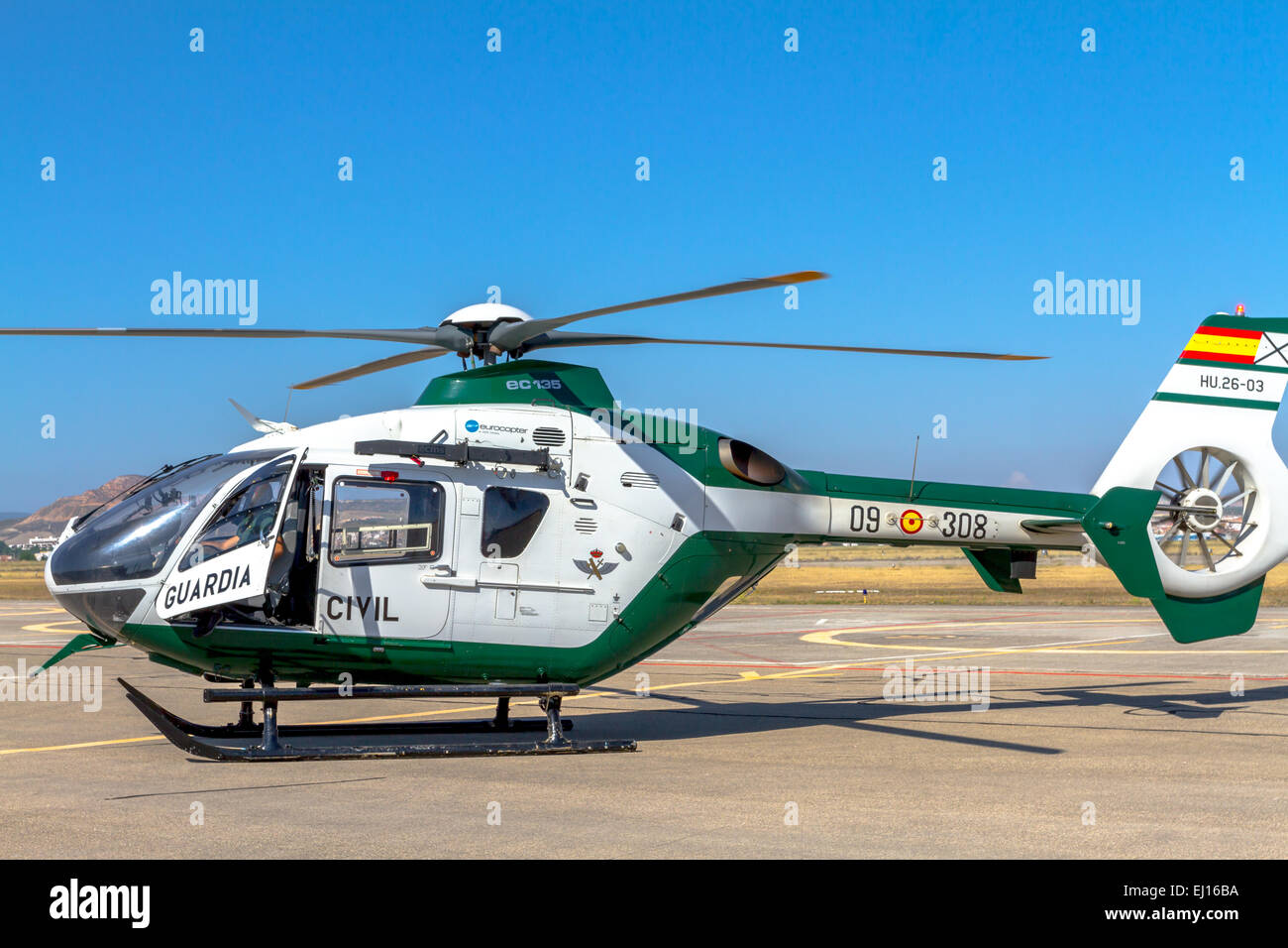 GRANADA, SPAIN-MAY 18: Helicopter Eurocopter EC135 taking part in a exhibition on the X aniversary of the Patrulla Aspa of the airbase of Armilla on May 18, 2014, in Granada, Spain Stock Photo