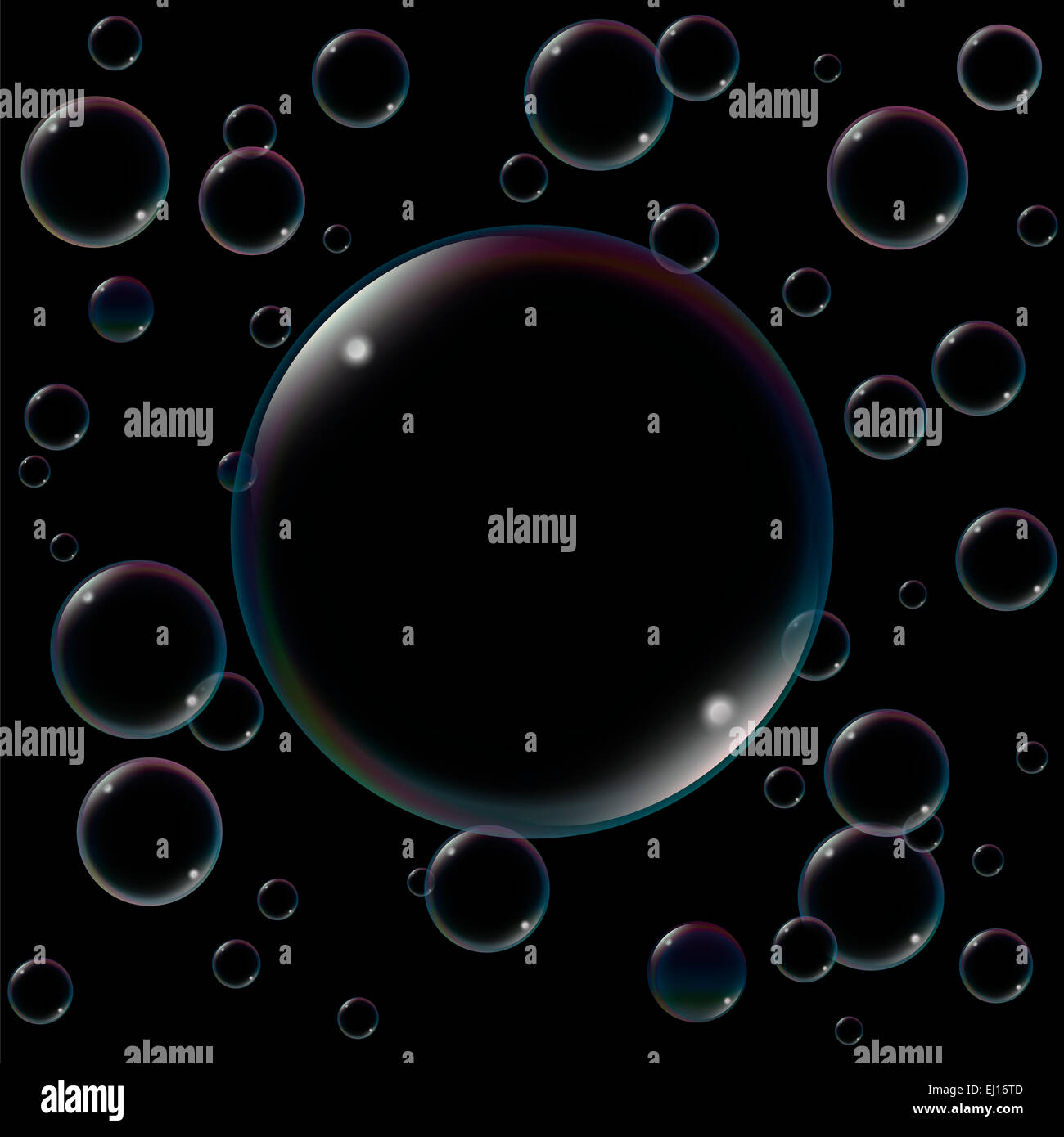 Big soap bubble - surrounded by small soap bubbles - to fill in any text or image - as a symbol for bursting somebody's bubble. Stock Photo