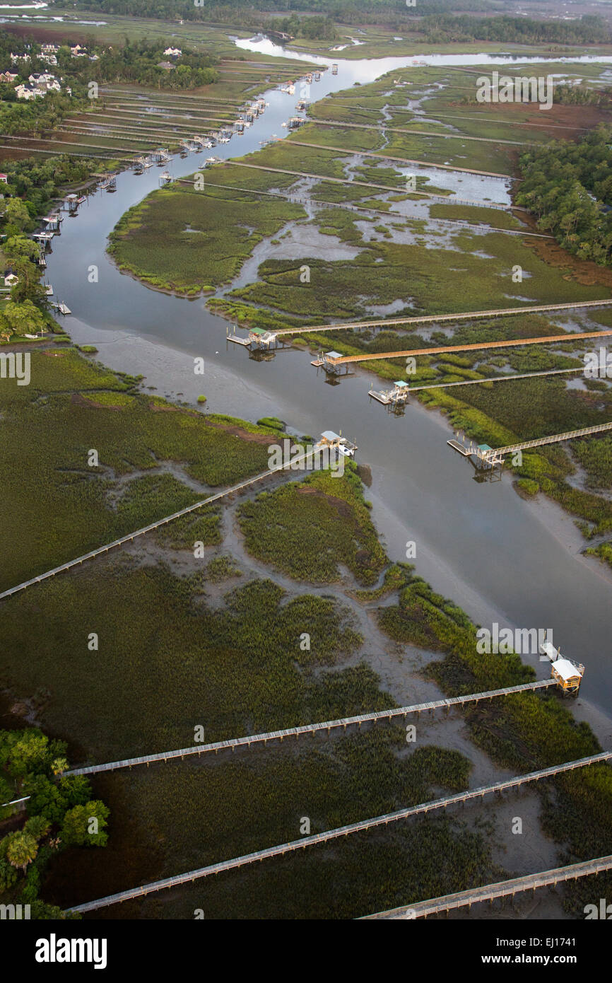 Aerial view of residential docks along Molasses Creek in Mt Pleasant