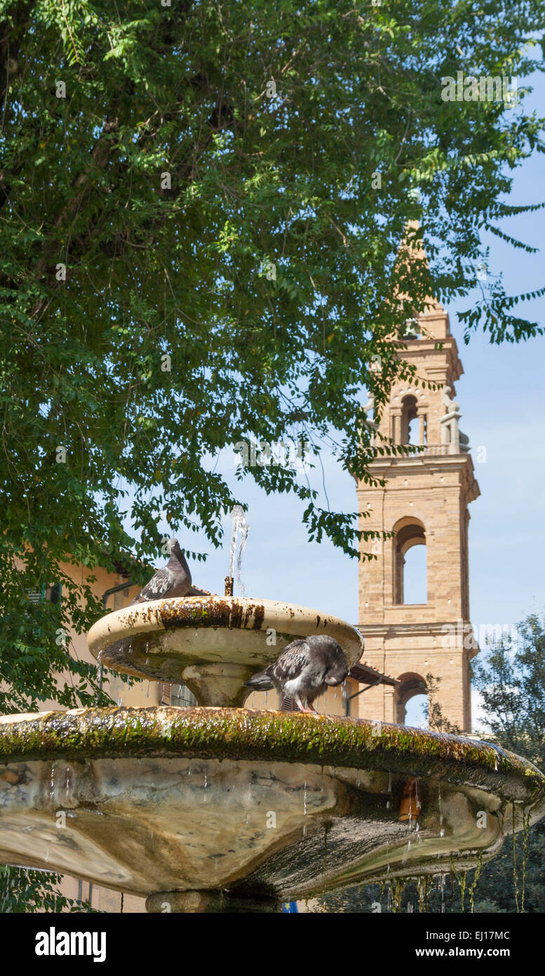 Small fountain in front of Santo Spirito church bell tower in Florence, Italy Stock Photo