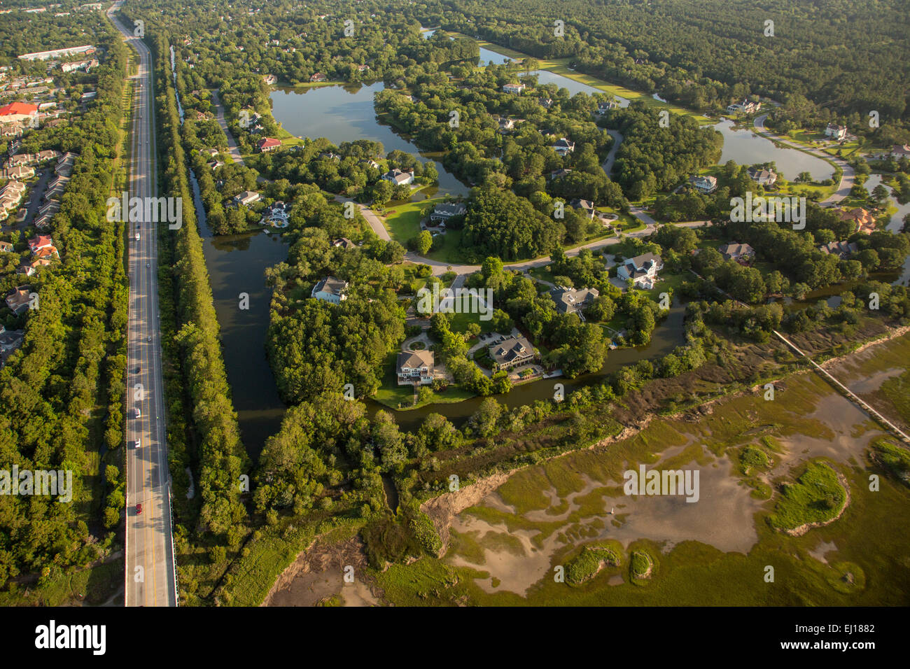 Aerial view of the Ravens Run residential development along the marsh