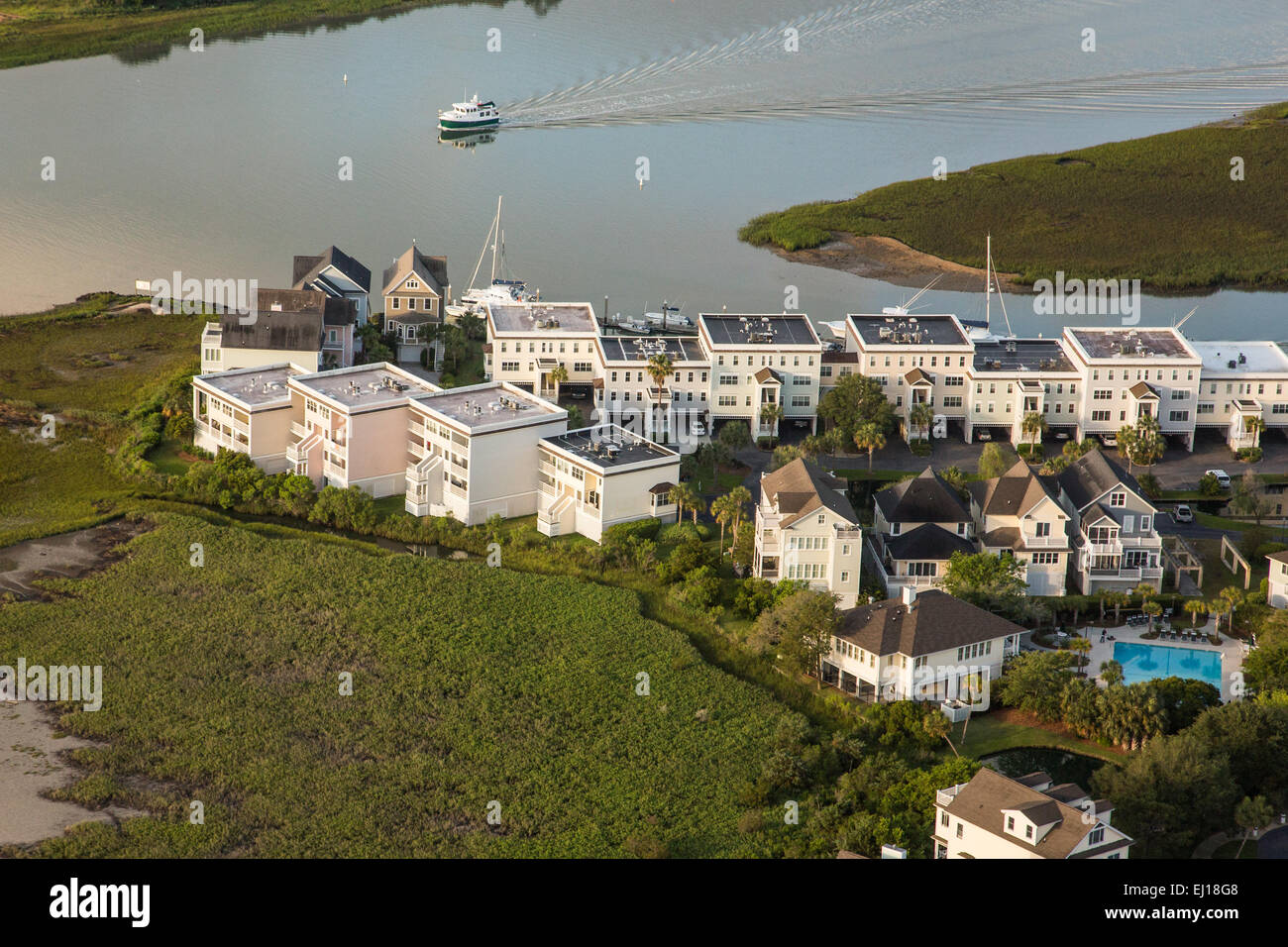 Aerial view of Tolers Cove on the marsh in Mt Pleasant, SC Stock Photo