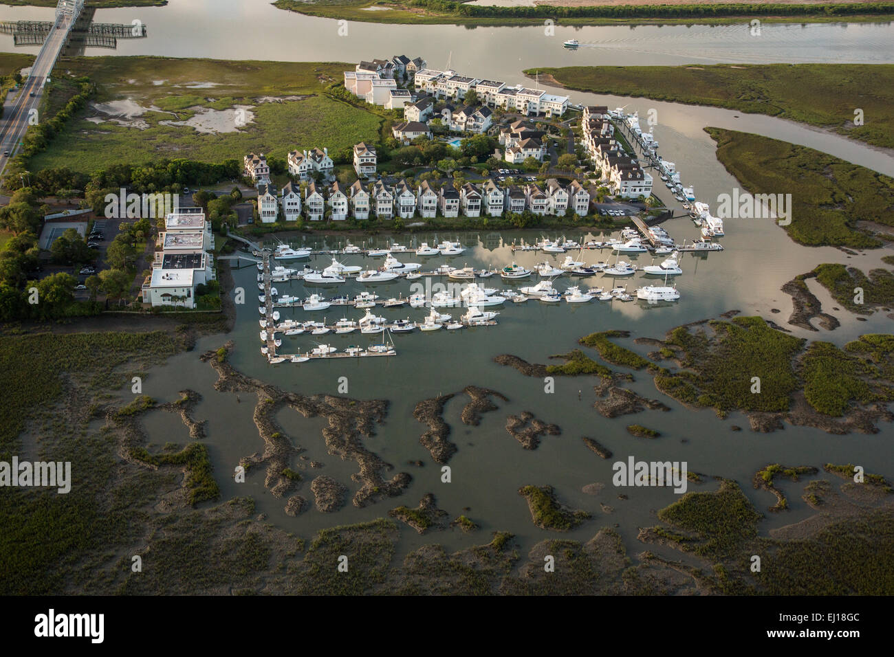 Aerial view of Tolers Cove Marina on the marsh in Mt Pleasant, SC Stock