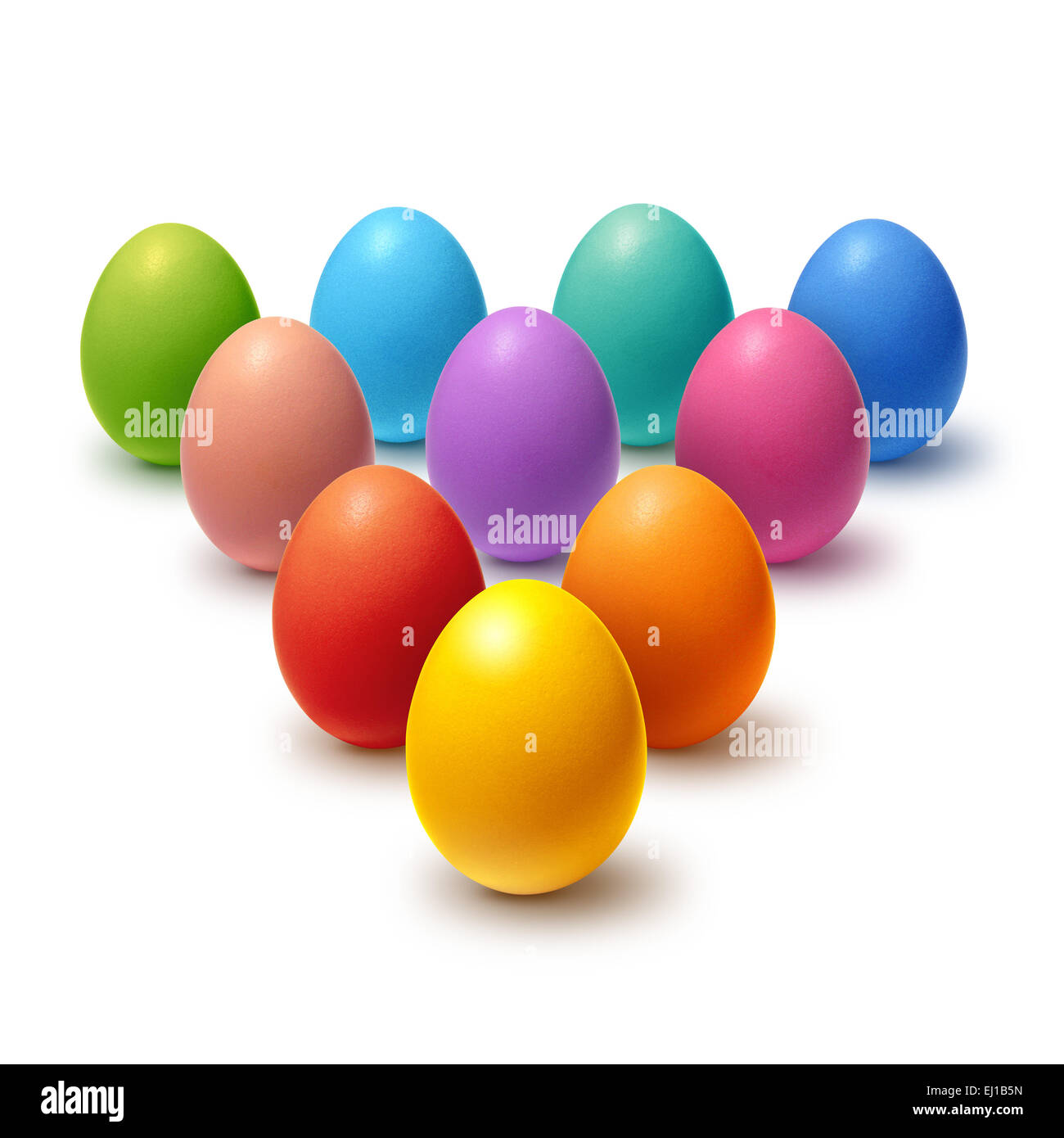 Painted Easter eggs aligned in triangle and isolated on white Stock Photo
