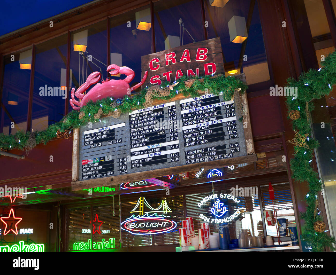 Crab Stand Renowned fish and crab fast food eatery menu at Fisherman's Wharf San Francisco California USA Stock Photo