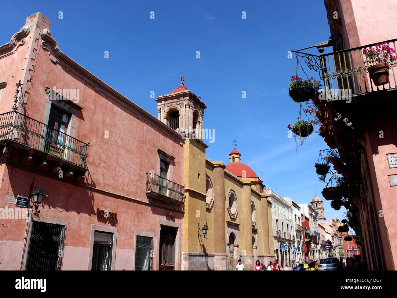 Colourful buildings and ornate hotel sign in the Centro Histórico of Queretaro, State of Queretaro, Mexico Stock Photo