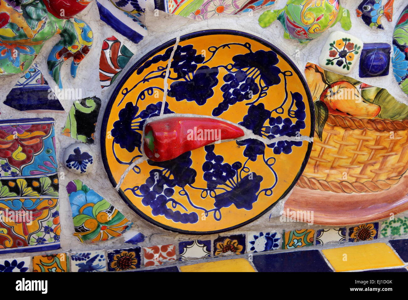 Ceramic mosaic of tiles on the façade of a restaurant in Queretaro, State of Queretaro, Mexico Stock Photo