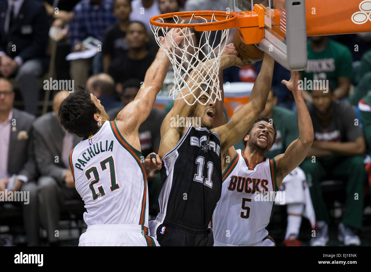 Milwaukee, WI, USA. 18th Mar, 2015. San Antonio Spurs forward Jeff Ayres #11 is fouled going up for a shot during the NBA game between the San Antonio Spurs and the Milwaukee Bucks at the BMO Harris Bradley Center in Milwaukee, WI. Spurs defeated the Bucks 114-103. John Fisher/CSM/Alamy Live News Stock Photo