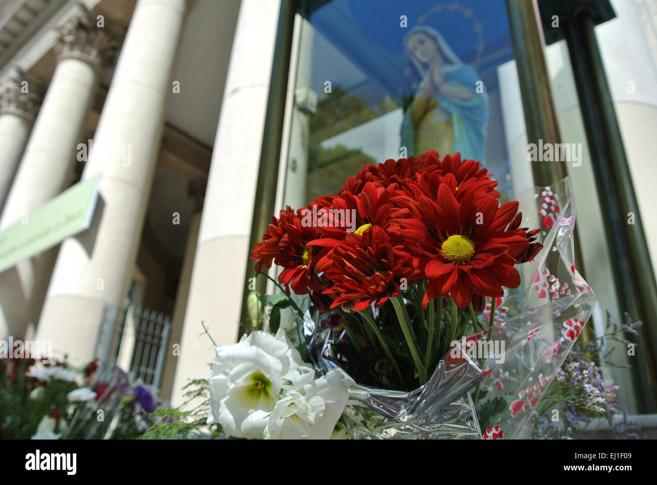 Flowers in front of the 'Parish of the Immaculate Conception' church in the Belgrano neighborhood. Buenos Aires, Argentina. Stock Photo