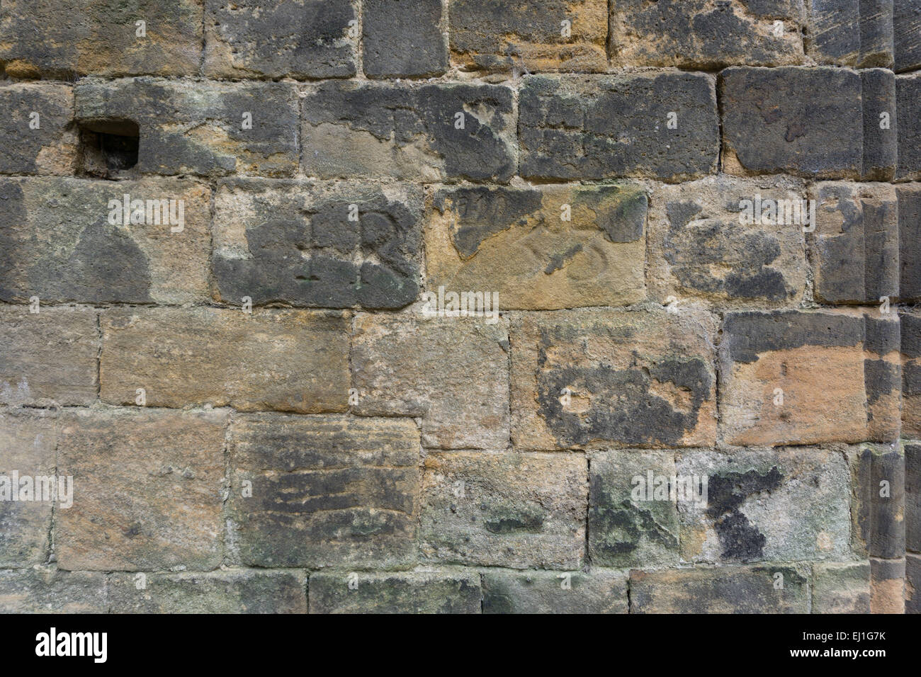 Close up detail of an old brown Bramley Fall gritstone stone wall at Kirkstall Abbey, Leeds, West Yorkshire, England Stock Photo