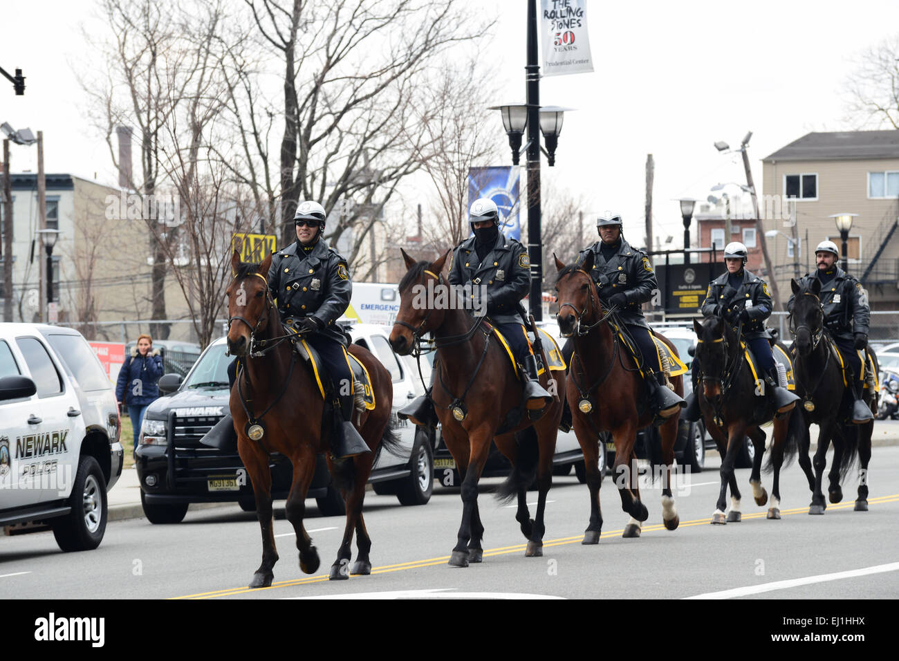 Mounted Newark police officers during the 2013 St. Patricks day parade. New Jersey, USA. Stock Photo