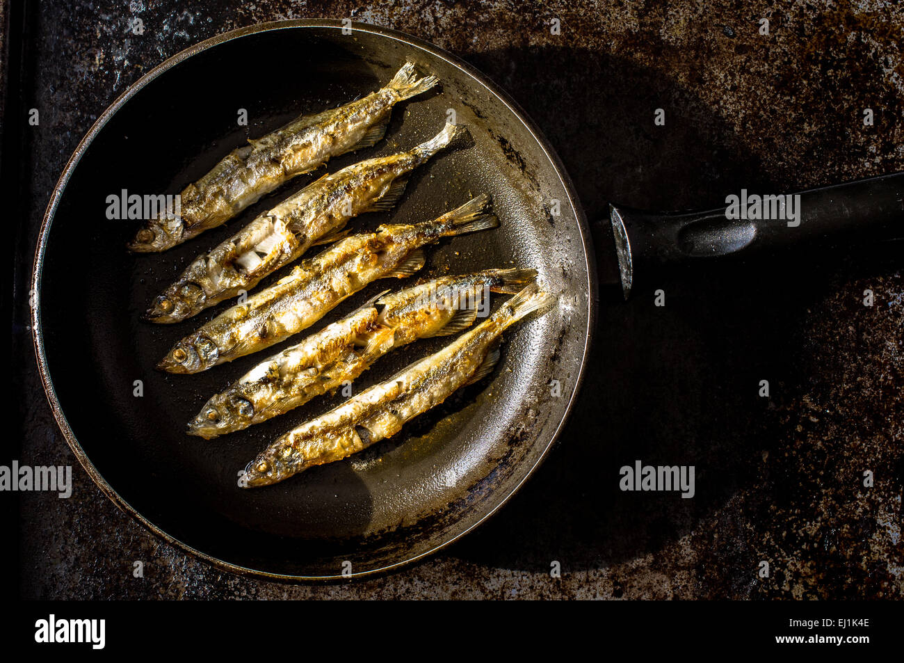 Grilled sardines in a frying pan on a black plate. Top view Stock Photo