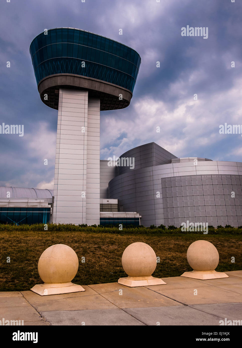 The exterior of the Air and Space Museum UdvarHazy Center on a stormy