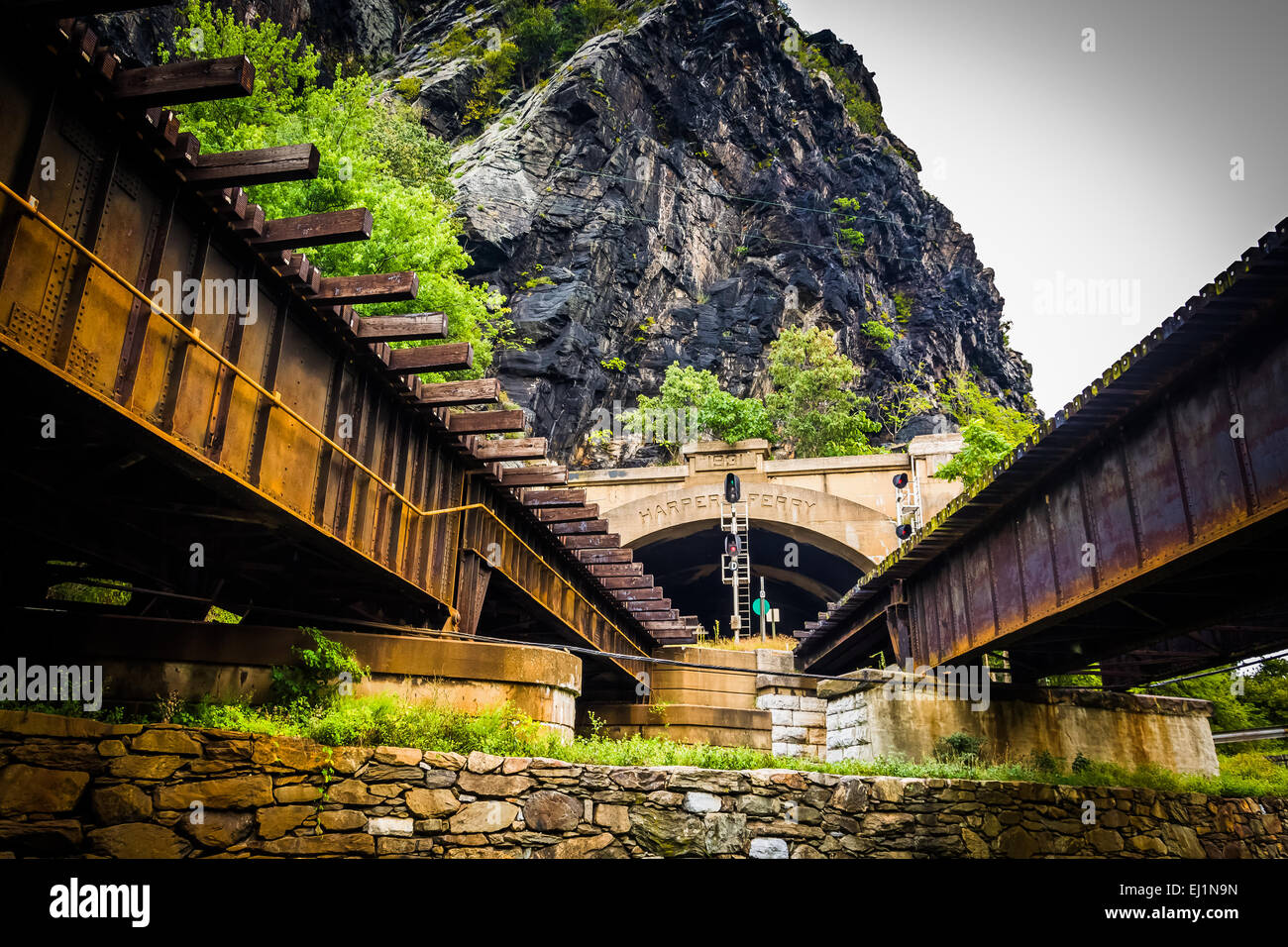 Train bridges and tunnel in Harper's Ferry, West Virginia Stock Photo