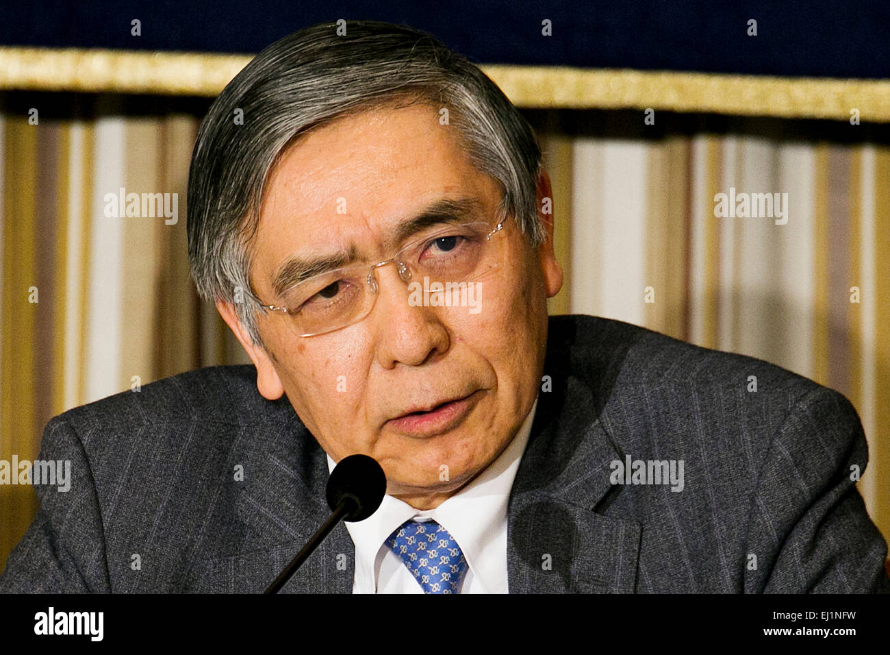 Haruhiko Kuroda, Governor of the Bank of Japan (BOJ) speaks during a press conference at the Foreign Correspondents' Club of Japan on March 20, 2015, Tokyo, Japan. Kuroda spoke about the challenges facing Japan's economy and Bank's policy measures to protect the economy. He also discussed inflation expectations that help to prevent the economy from falling into deflation. The Governor said on Thursday in a parliamentary address that BOJ bond purchases were aimed at hitting the 2 percent inflation target, and not at bankrolling public debt. Credit:  Rodrigo Reyes Marin/AFLO/Alamy Live News Stock Photo