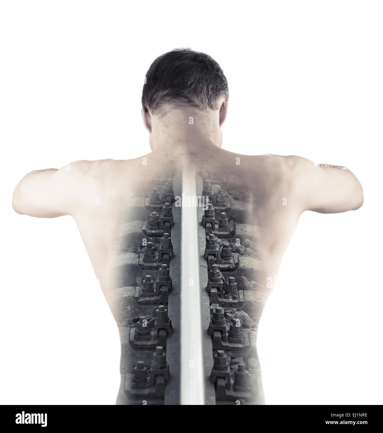 Double exposure monochrome abstract conceptual collage with railway rail as a backbone of muscular young male, back view Stock Photo