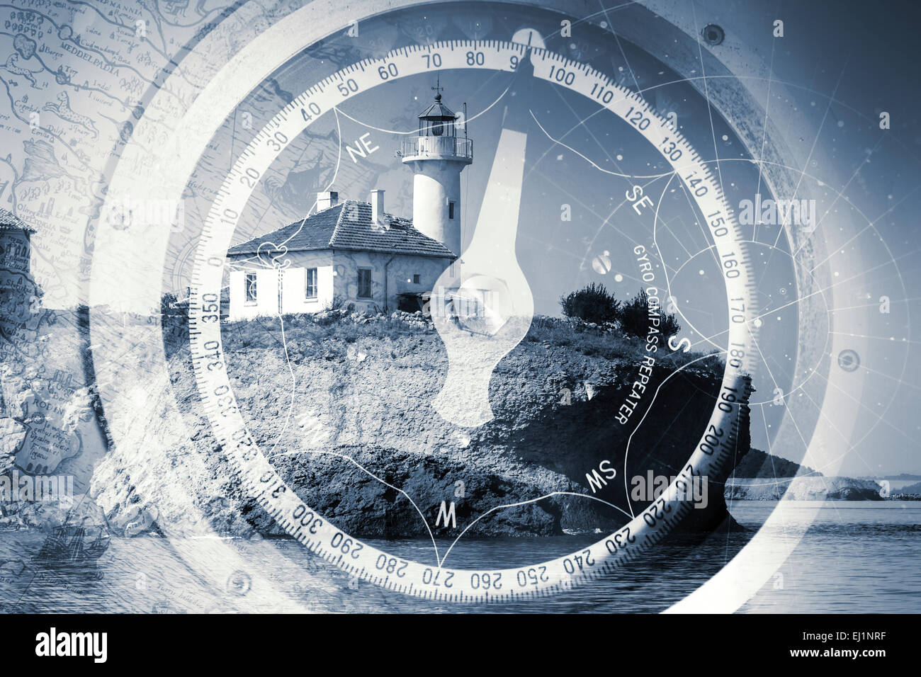 Old ships navigation monochrome multi exposure background with old nautical  compass, lighthouse building on the rock and ancient Stock Photo - Alamy