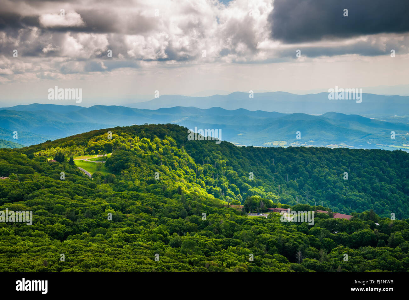 View of Skyland Resort and the Blue Ridge Mountains from Stony Man Mountain in Shenandoah National Park, Virginia. Stock Photo