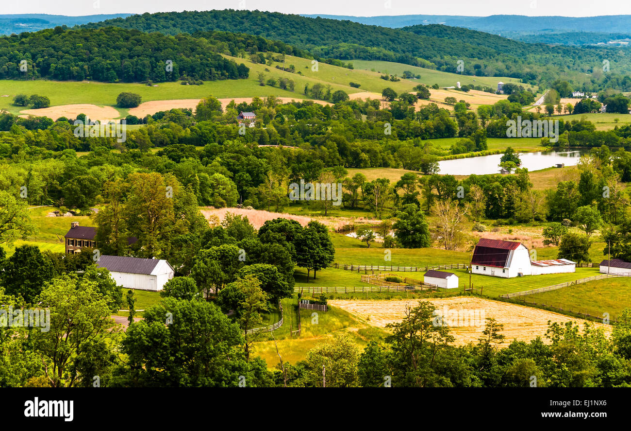 View of hills and farmland in Virginia's Piedmont, seen from Sky Meadows State Park. Stock Photo