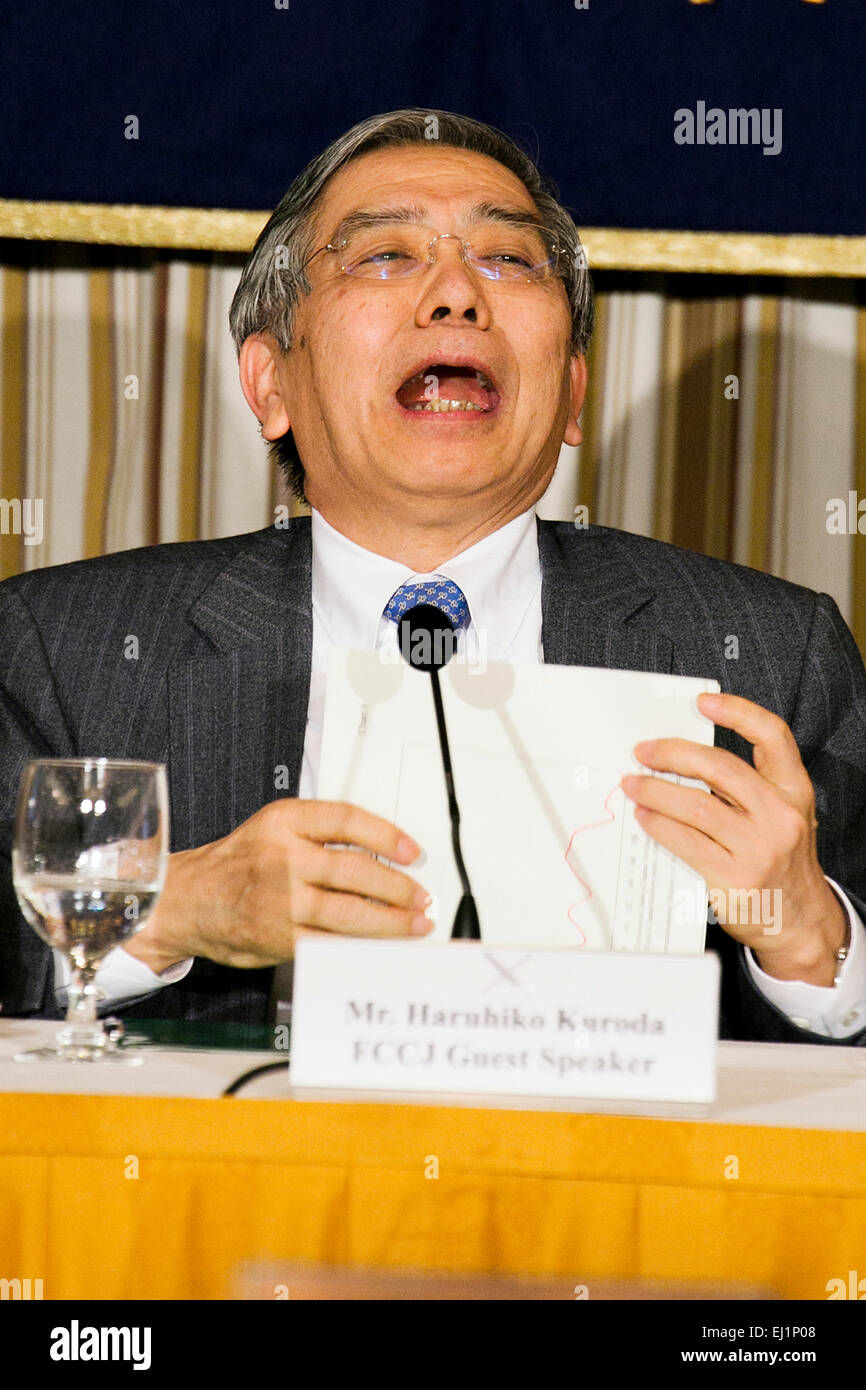 Haruhiko Kuroda, Governor of the Bank of Japan (BOJ) speaks during a press conference at the Foreign Correspondents' Club of Japan on March 20, 2015, Tokyo, Japan. Kuroda spoke about the challenges facing Japan's economy and Bank's policy measures to protect the economy. He also discussed inflation expectations that help to prevent the economy from falling into deflation. The Governor said on Thursday in a parliamentary address that BOJ bond purchases were aimed at hitting the 2 percent inflation target, and not at bankrolling public debt. Credit:  Rodrigo Reyes Marin/AFLO/Alamy Live News Stock Photo
