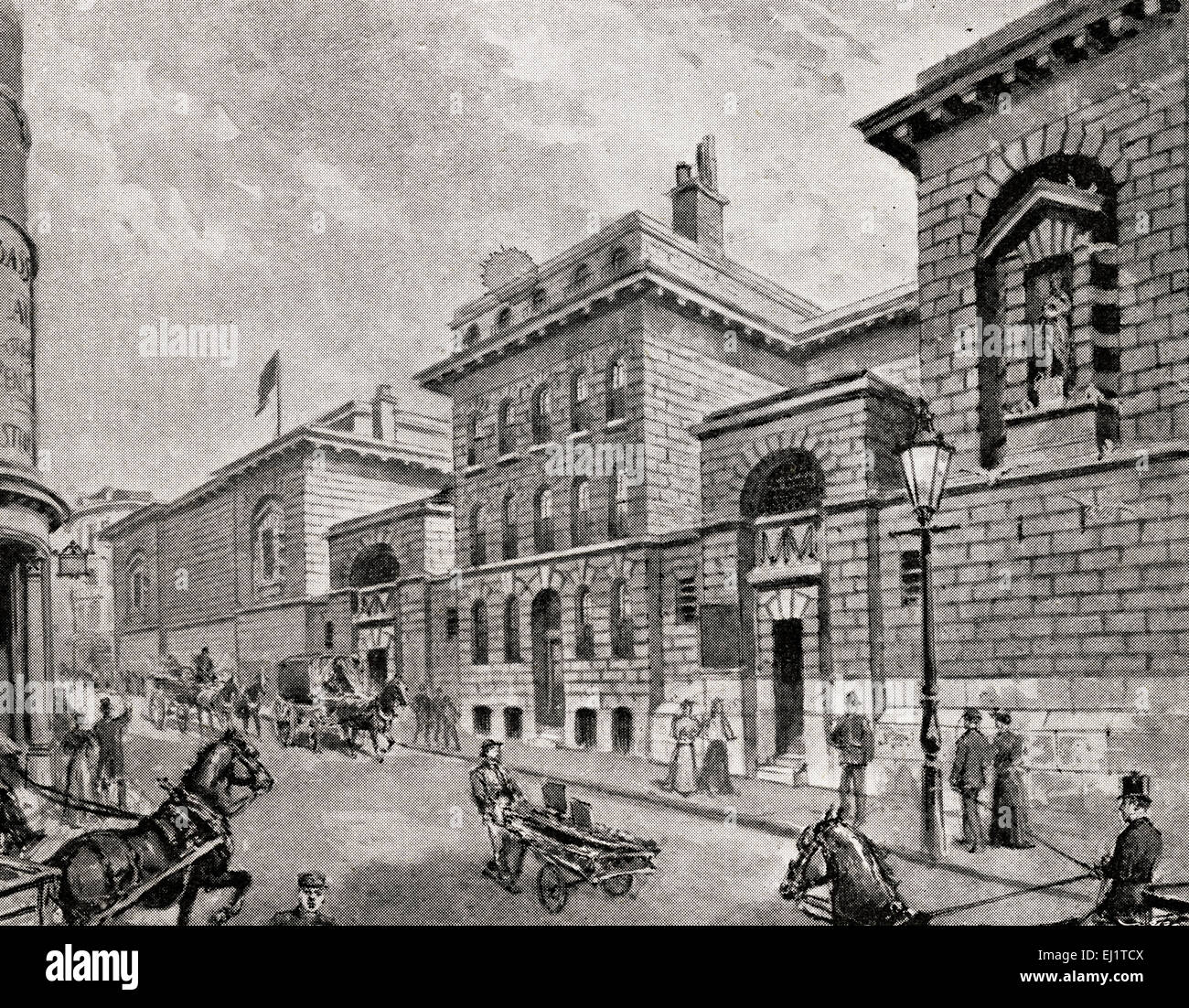 Engraving of street scene outside Newgate prison in Victorian era magazine dated 1898 Stock Photo