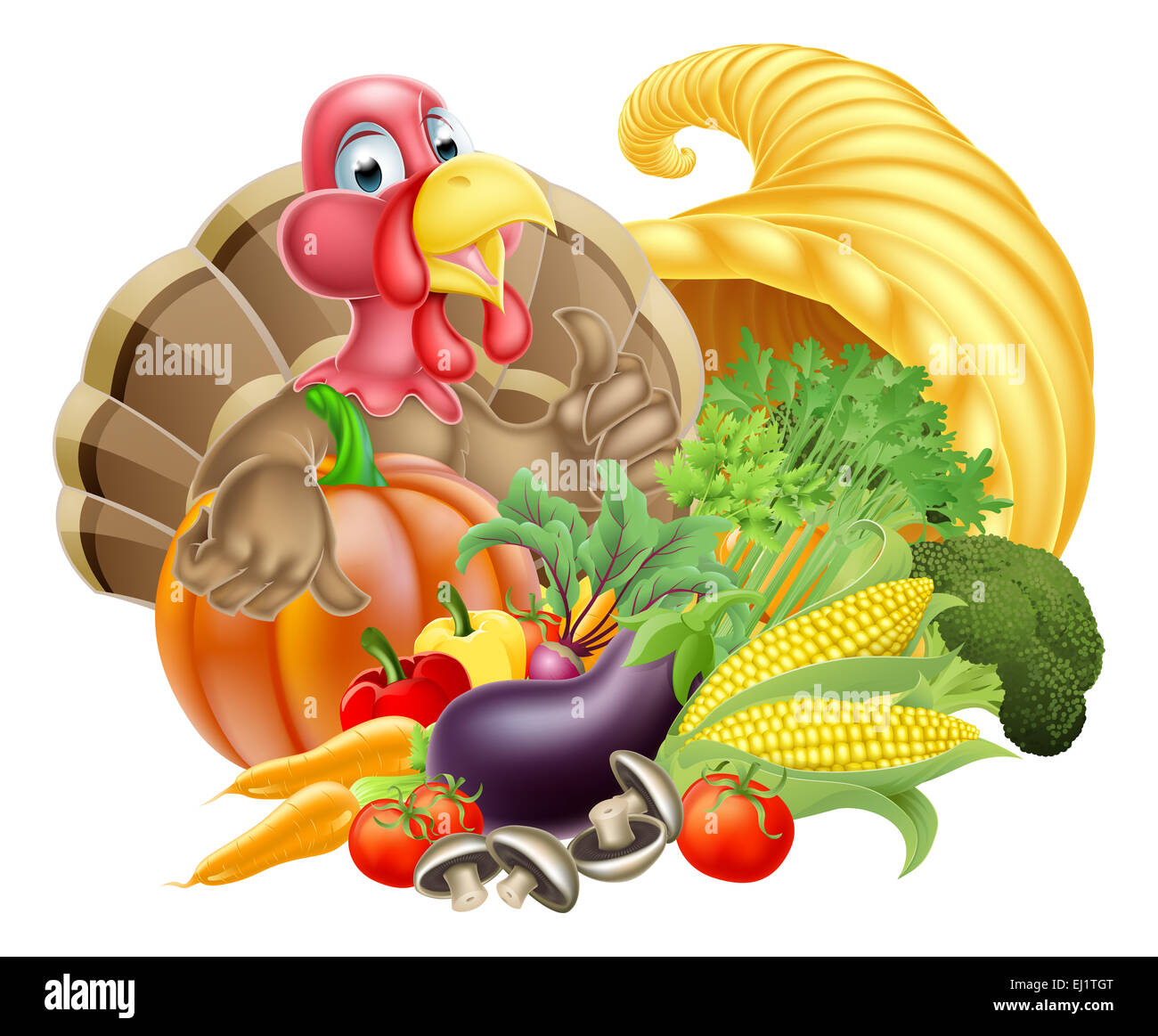 Thanksgiving cartoon turkey bird with cornucopia full of produce Stock Photo