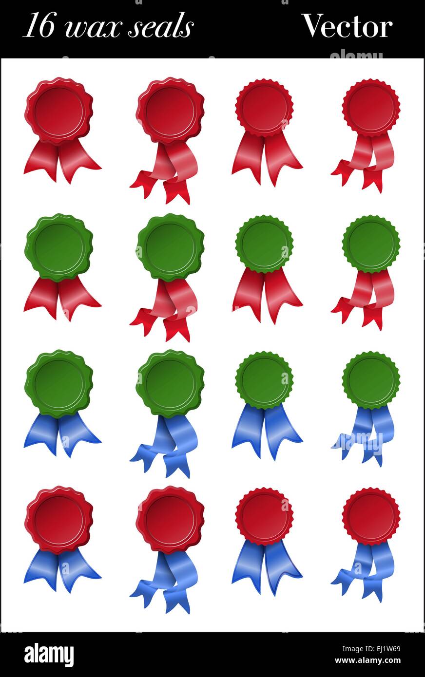 Sixteen green and red colored wax seals with red and blue ribbons Stock Vector