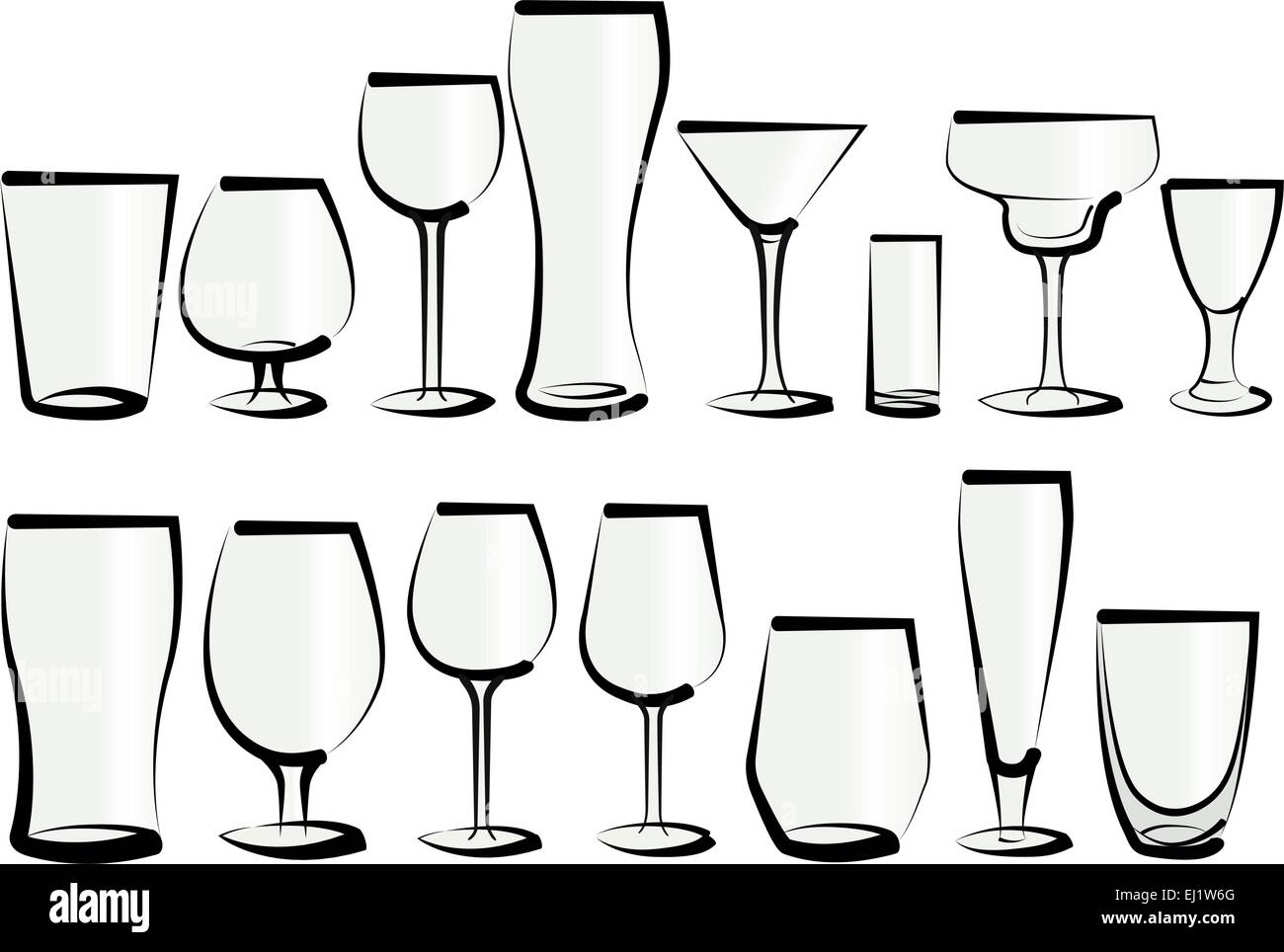 Vector illustration set of glasses, as you can find in a bar or a restaurant. Any kind, for any use, for water, soft drinks, alc Stock Vector