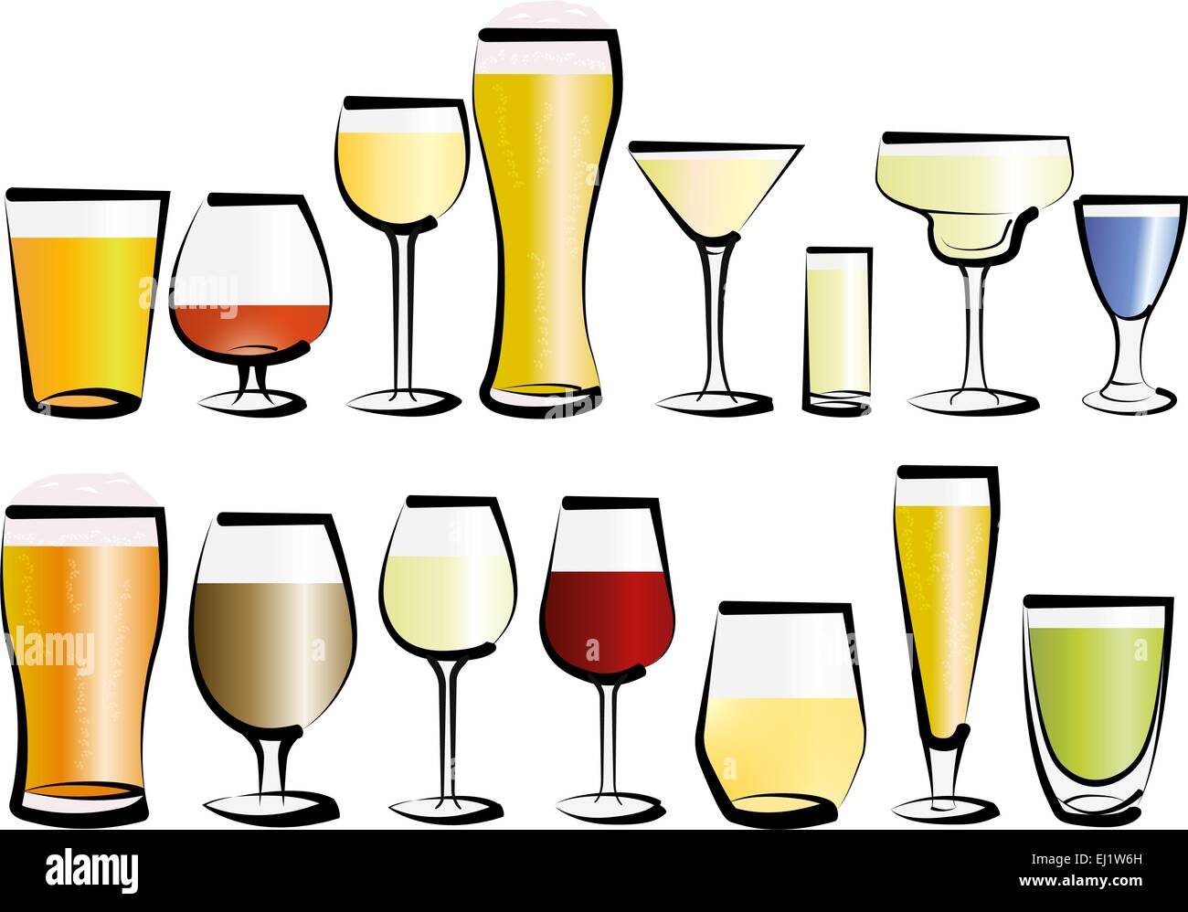 Vector illustration set of glasses, as you can find in a bar or a restaurant. Any kind, for any use, for water, soft drinks, alc Stock Vector