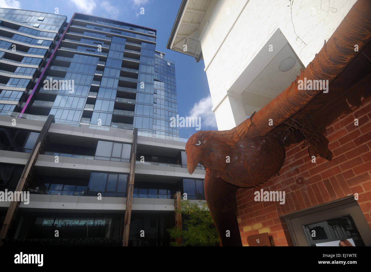 Bird sculpture decorating buildings in NewActon precinct, Canberra, Australia. No PR Stock Photo