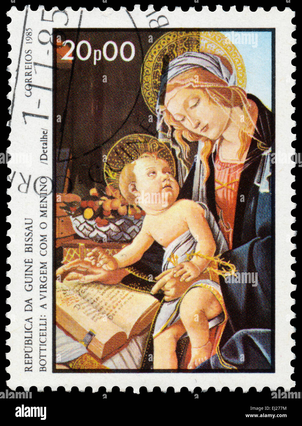 GUINEA BISSAU - CIRCA 1985: Stamp printed in Guinea-Bissau shows Virgin and Child by Botticelli, circa 1985 Stock Photo