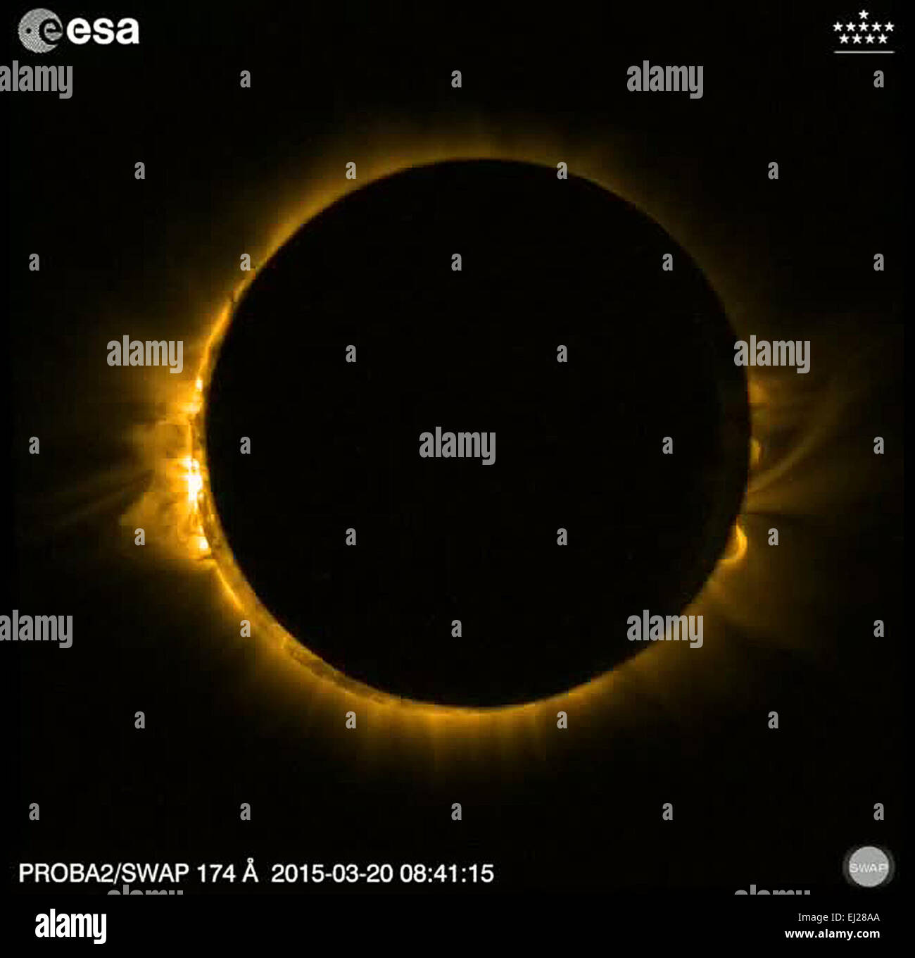 European Space Agency. 20th March, 2015. A handout picture from a screenshot of a video made available by the European Space Agency (ESA) on 20 March 2015 shows the total solar eclipse from a fascinating perspective: the small satellite Proba-2 records the event. Credit:  dpa picture alliance/Alamy Live News Stock Photo