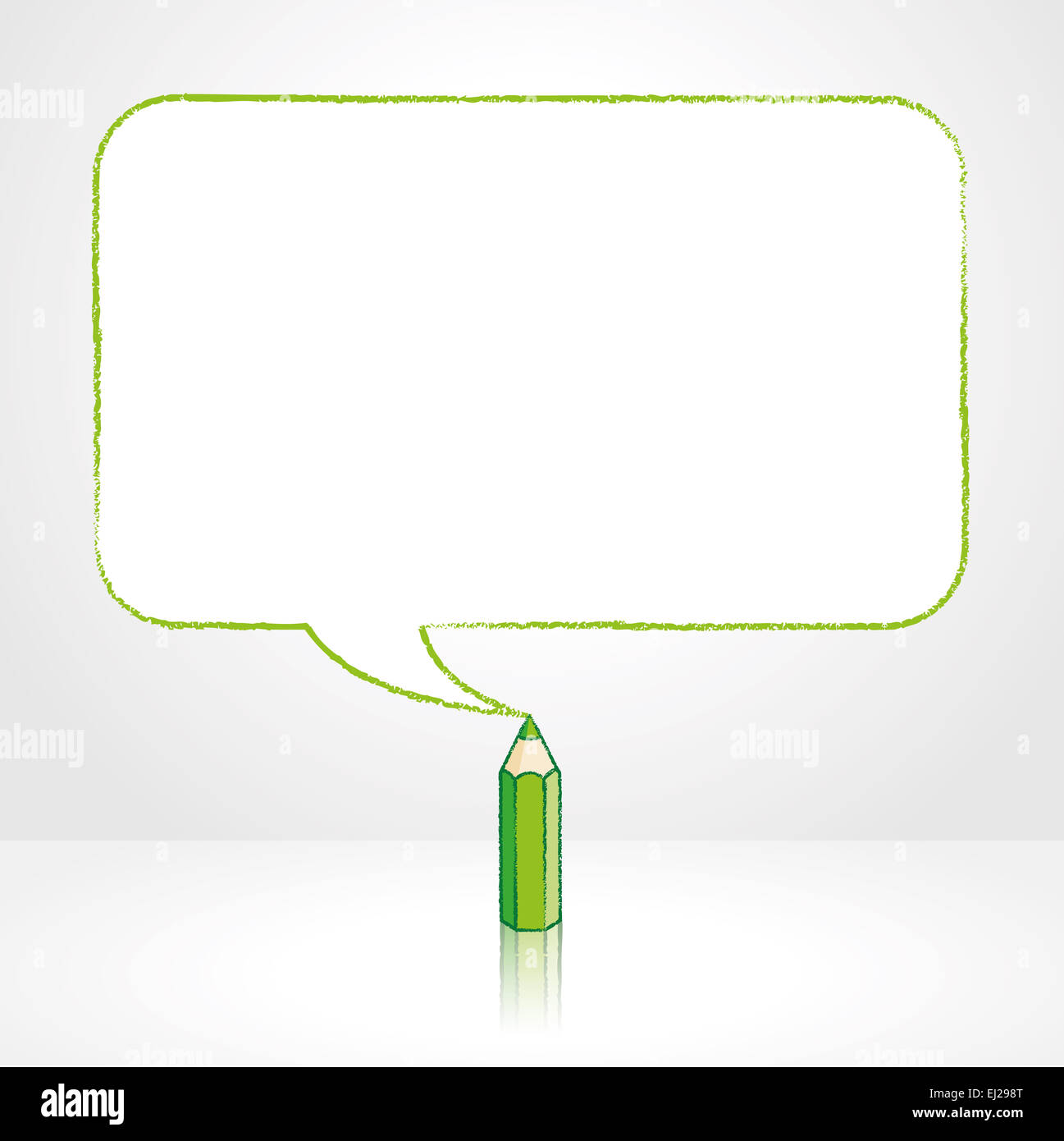 Green Pencil with Reflection Drawing Smooth Rectangular Speech Bubble on White Background Stock Photo