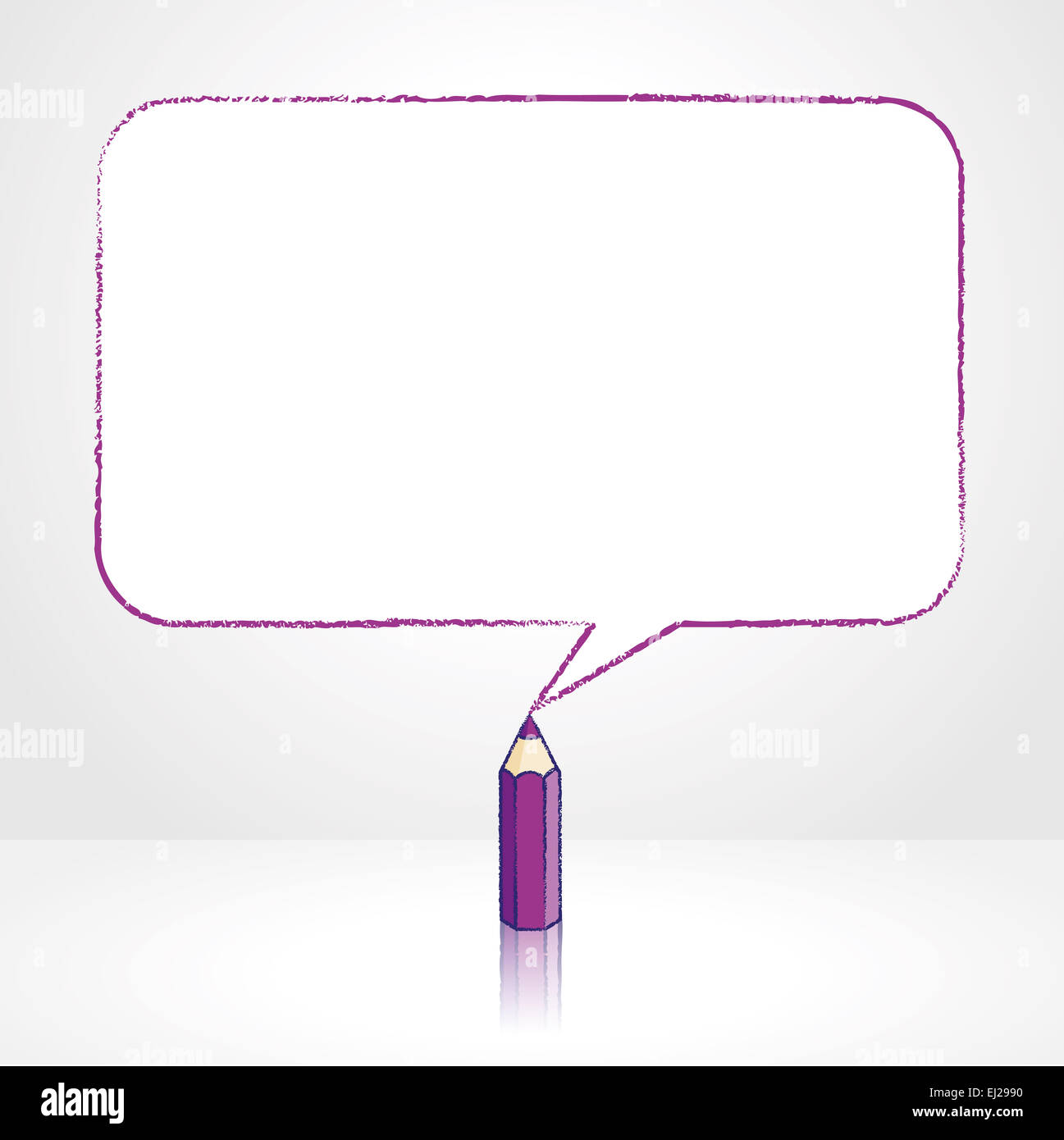 Purple Pencil with Reflection Drawing Smooth Rectangular Speech Bubble on White Background Stock Photo