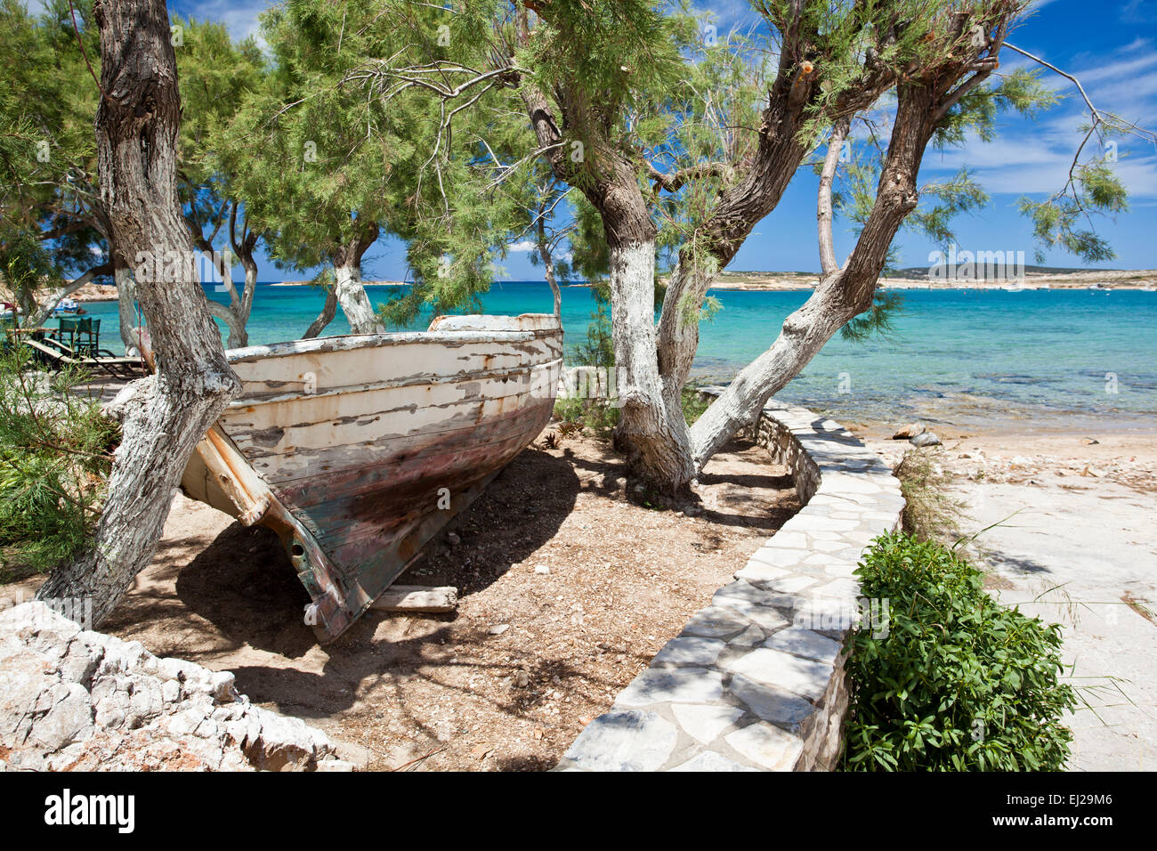 Scene from Agii Anargiri beach in Naoussa in Paros, Greece. Stock Photo