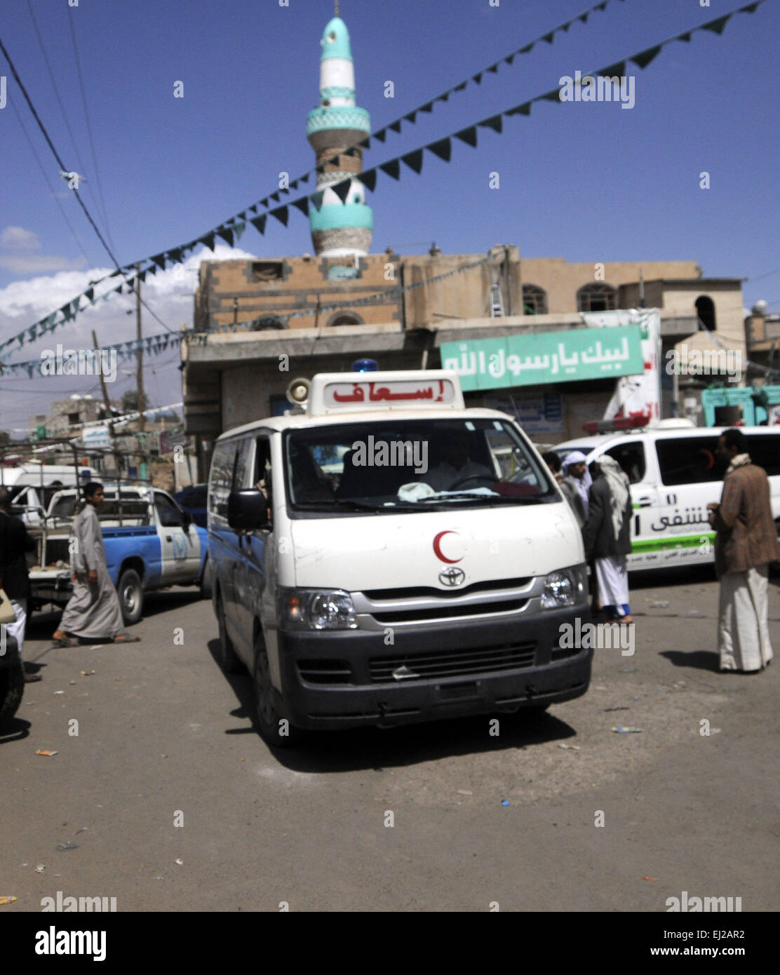 Sanaa, Yemen. 20th Mar, 2015. An ambulance arrives at a blast site in Sanaa, Yemen, March 20, 2015. A total of 88 people were killed and at least 100 others wounded on Friday in four bomb attacks in Yemen, local sources told Xinhua. Credit:  Hani Ali/Xinhua/Alamy Live News Stock Photo