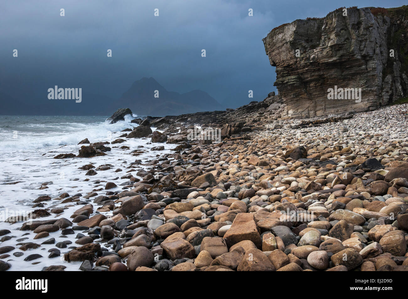 Elgol beach on the Isle of skye on a dramatic, windy day in autumn. White surf on the rocky shore. Stock Photo