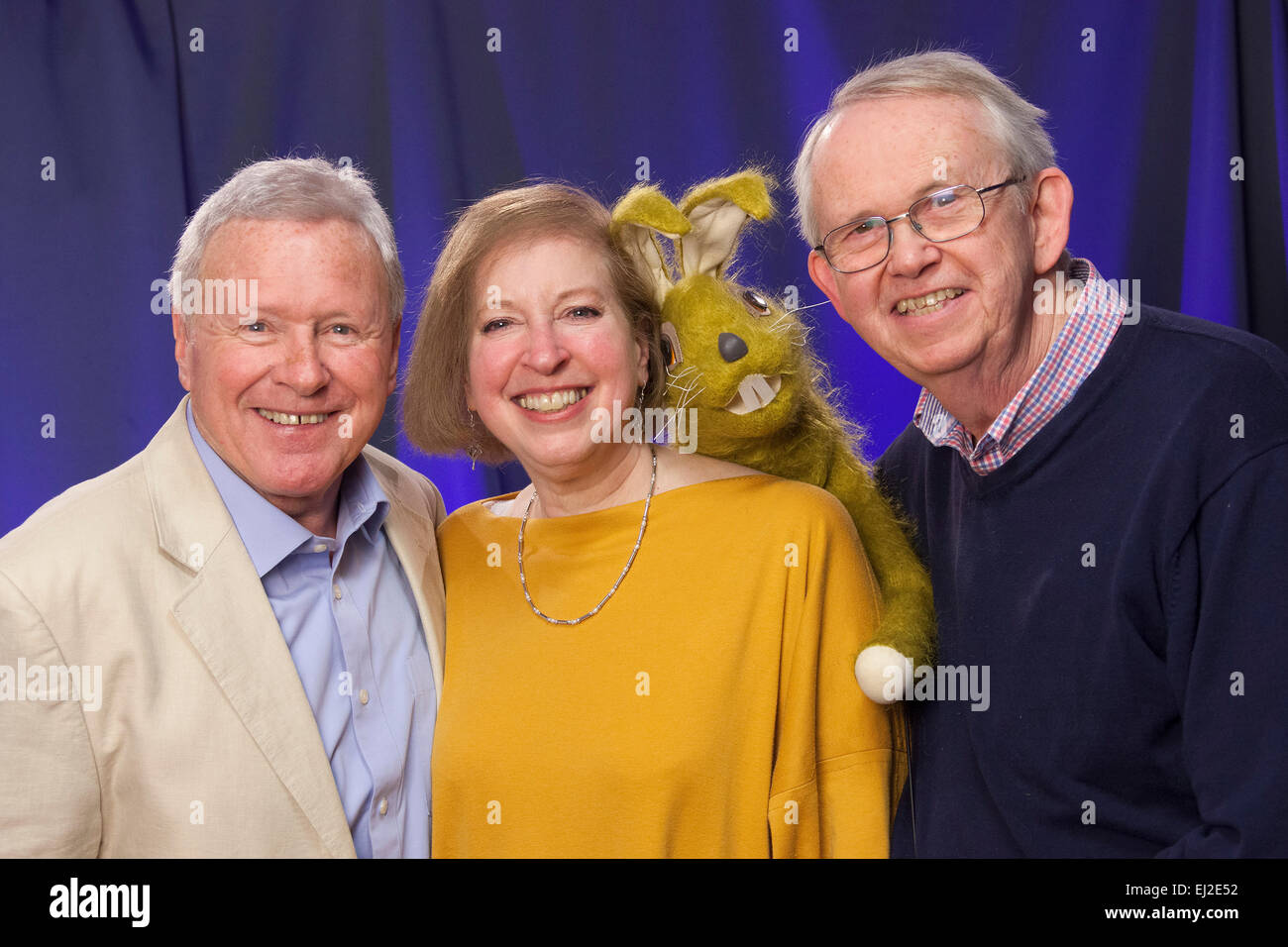 Walsall, West Midlands, UK. 20 March 2015. David Hamilton (L) with writer performer Gail Renard and puppeteer Nigel Plaskitt (R) with 'Pipkins' puppet Hartley Hare at a recording of ‘The David Hamilton Show’ for Big Centre TV. Hosted by presenter and broadcaster ‘Diddy’ David Hamilton the show features famous personalities from across the music and television spectrum. Credit:  John Henshall / Alamy Live News PER0507 Stock Photo