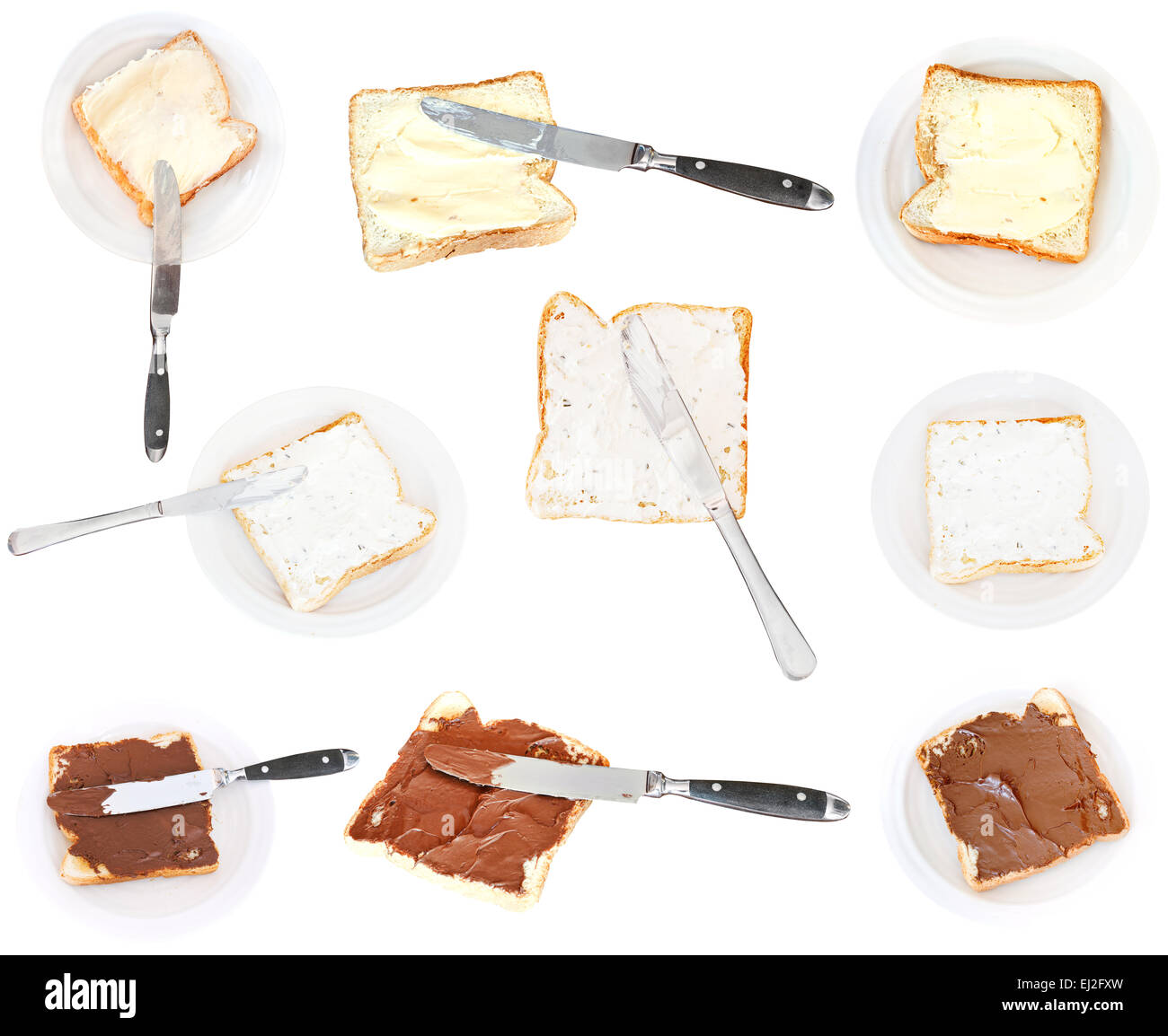 set of sandwiches from toast and speads isolated on white background Stock Photo