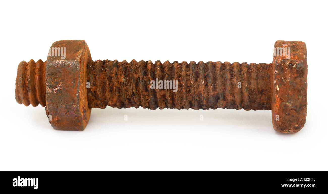 Rusty bolt and nut over white background Stock Photo