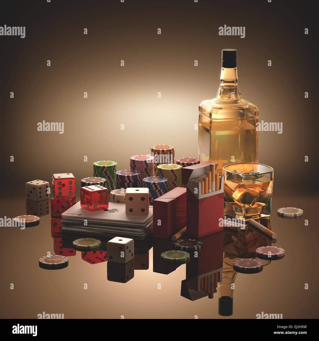 Objects concepts of gambling addiction, drinking and smoking. Clipping
