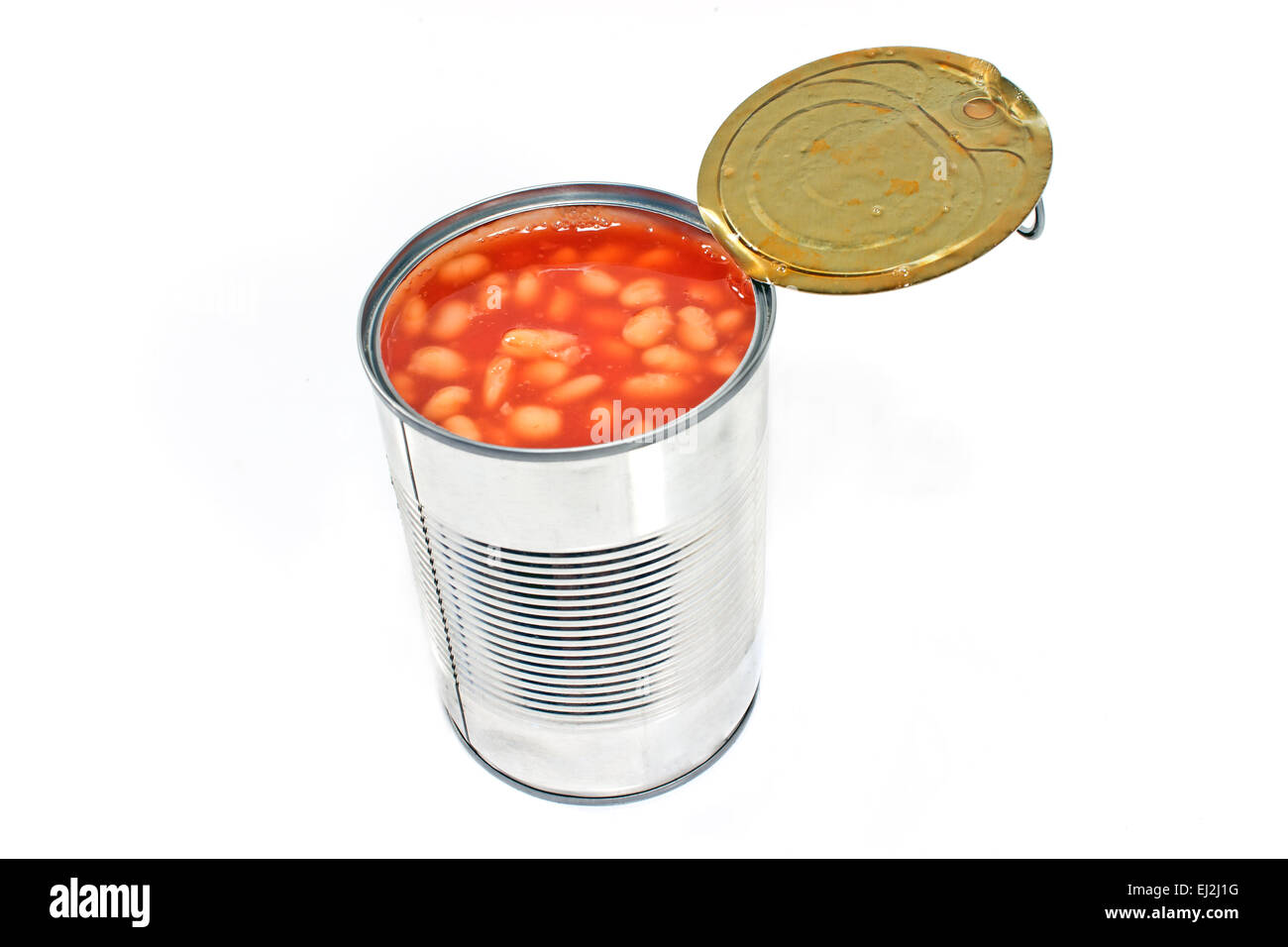 Open tin can of beans isolated on white Stock Photo