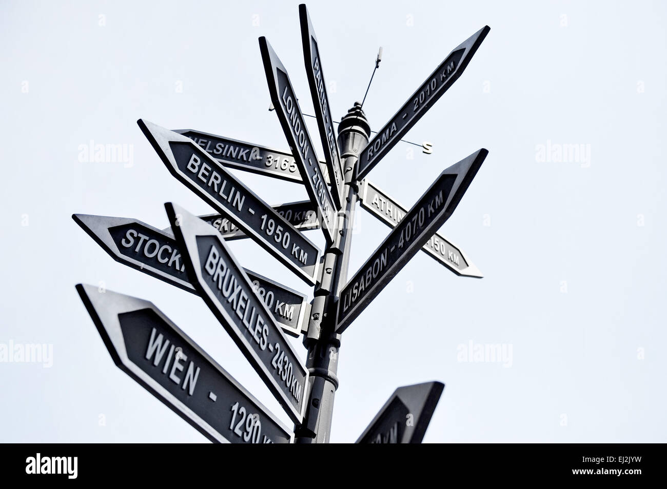 Street signpost showing distance to Europe capital cities Stock Photo