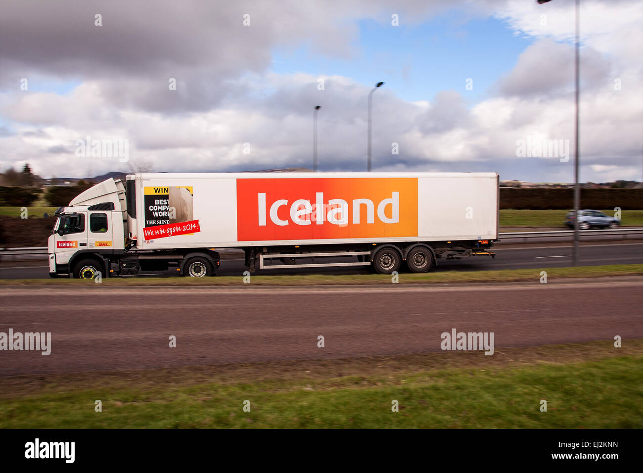 An Iceland articulated lorry travelling along the Kingsway West Dual Carriageway in Dundee, UK Stock Photo