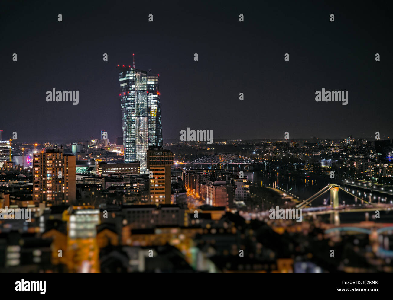 View of the east of Frankfurt with the Skyscraper of the European Central Bank (ECB). Stock Photo