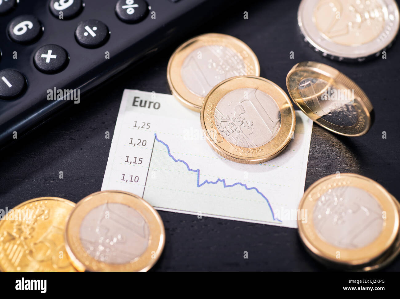 A graphic shows the falling euro rate and is surrounded by euro coins. Stock Photo