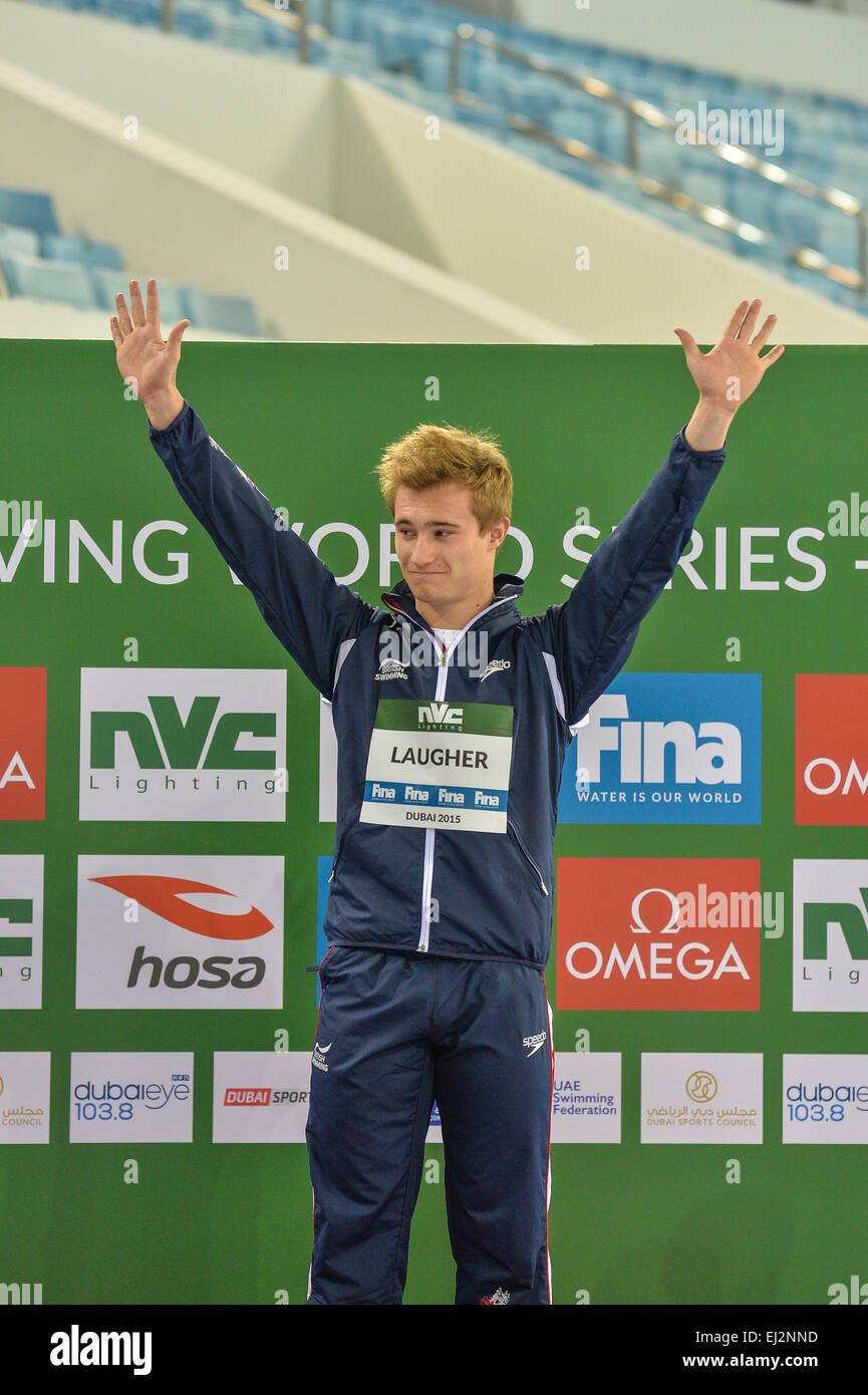 DUBAI, UAE, 20th March 2015. Britain's Jack Laugher acknowledges the crowd before receiving his 3m springboard World Series gold medal in Dubai. Laugher is Great Britain’s first individual 3m springboard champion and only the second Britain to win a World Series gold medal Credit:  Feroz Khan/Alamy Live News Stock Photo