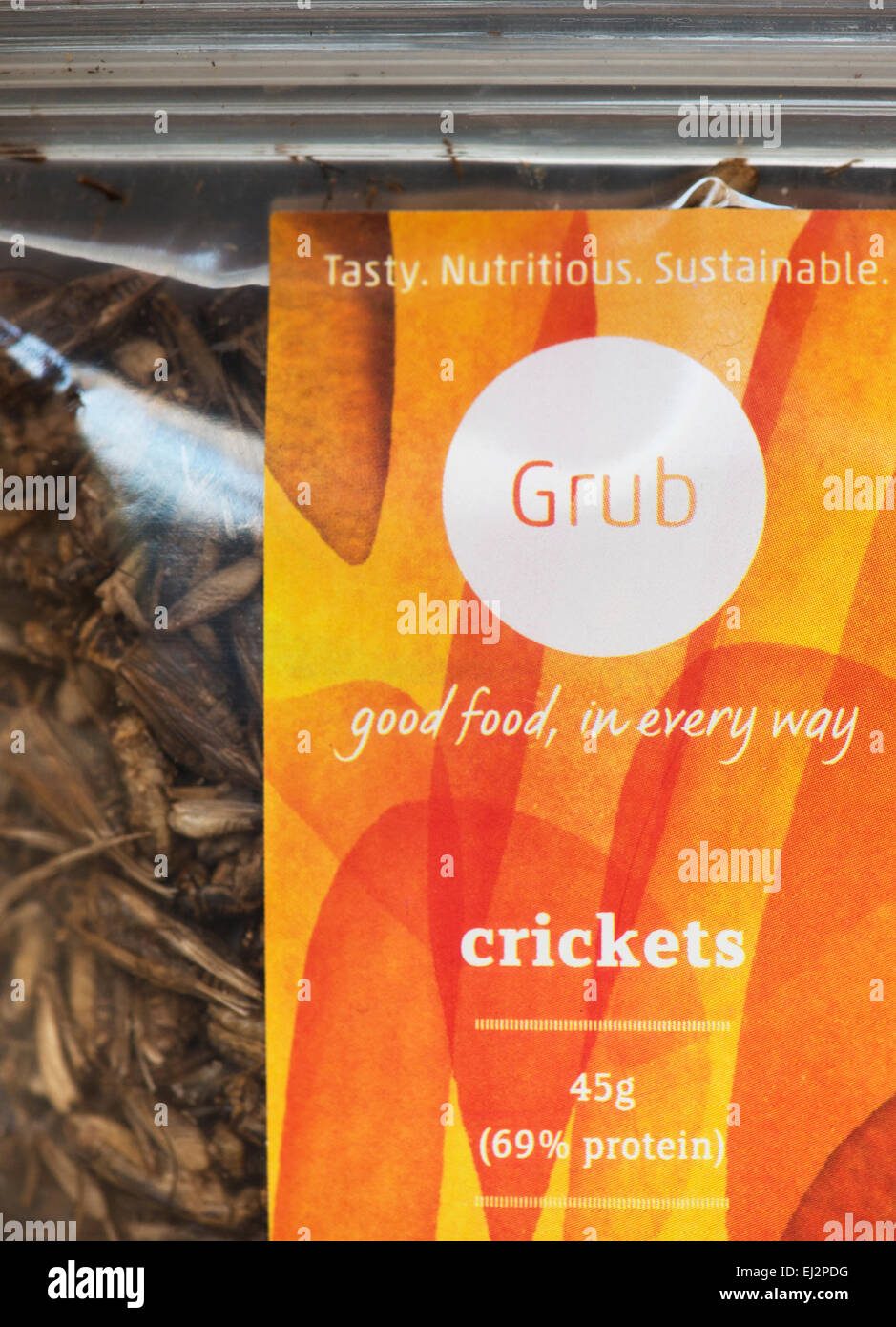 Edible insects. Crickets in a packet. Food of the future Stock Photo