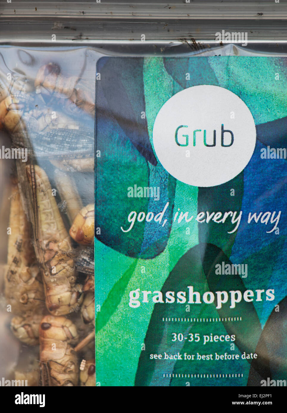 Edible insects. Grasshoppers in a packets. Food of the future Stock Photo