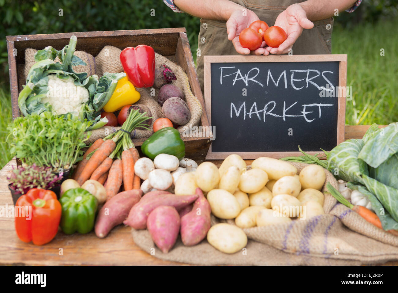 Farmer selling organic veg at market Stock Photo - Alamy